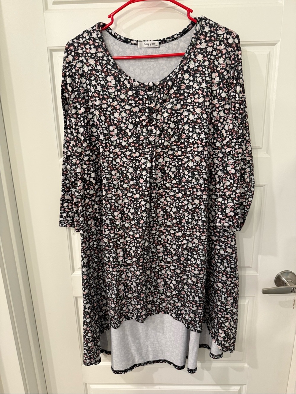 Naggoo Black Floral Tunic Top with Pink and White Blossoms